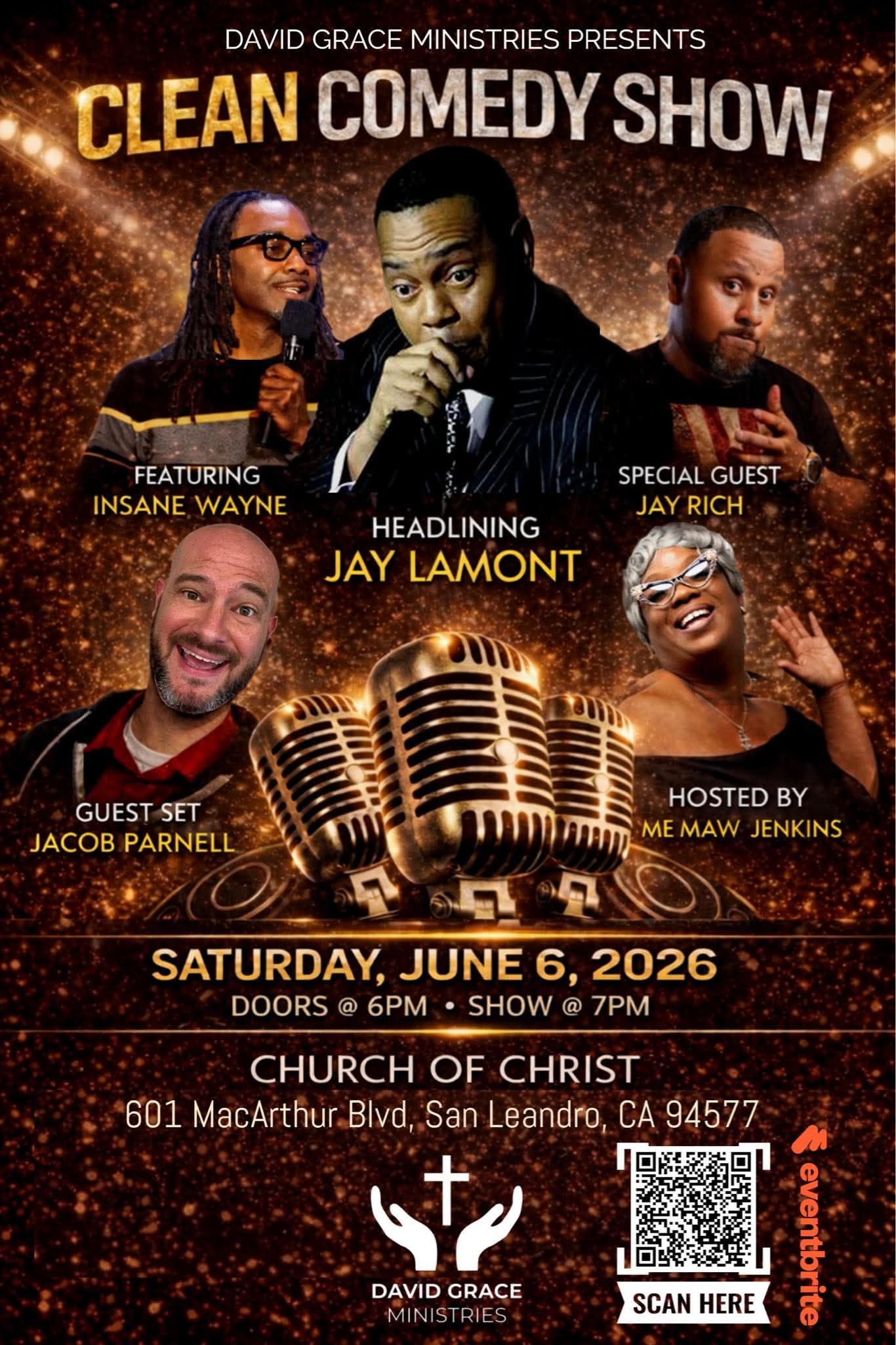 Clean Comedy Show flyer for San Leandro Church of Christ on June 6, 2026