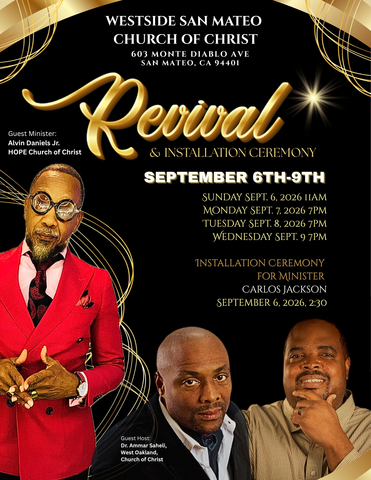 Westside San Mateo Church of Christ Revival and Installation Ceremony flyer for September 6 through September 9, 2026
